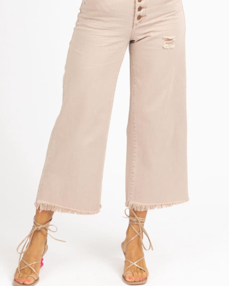 Front of a model wearing a size L High Rise Wide Leg Jean In Light Mauve in Light Mauve by Easel. | dia_product_style_image_id:359706